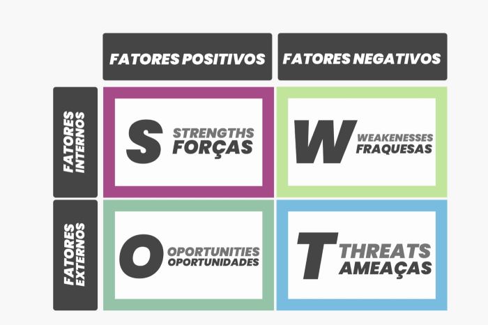 A imagem mostra uma tabela dividida em 4 partes, mostrando fatores internos e externos de uma analise swot