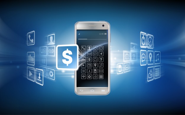 A imagem mostra um celular com vários aplicativos instalados, com destaque para um aplicativo de pagamentos que mostra um cifrão.