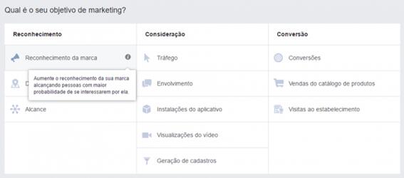A imagem mostra a tela de seleção de objetivo do Gerenciador de Anúncios do Facebook.