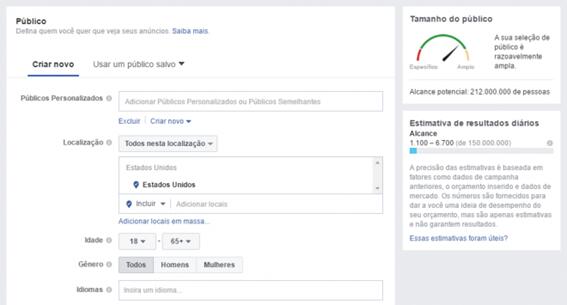 A imagem mostra a tela de seleção de público do Gerenciador de Anúncios do Facebook.