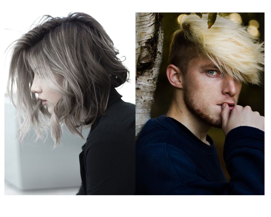 A imagem mostra duas pessoas de perfil, uma mulher com o cabelo loiro-acinzentado com um corte long bob e um homem com um undercut descolorido no topo.
