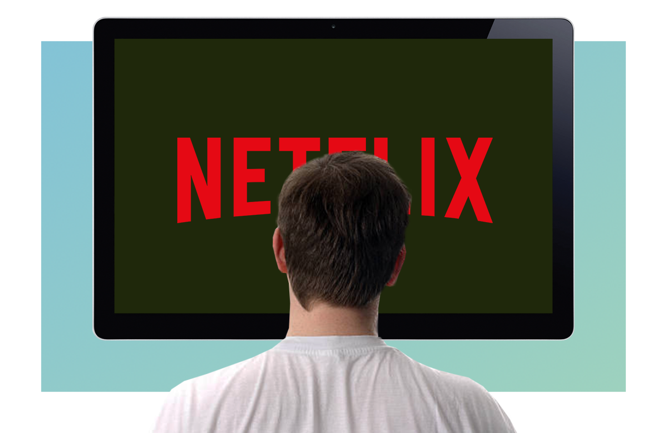 A imagem mostra uma pessoa olhando para uma televisão, com o nome netlfix nela.