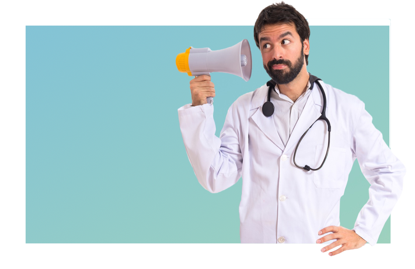 A imagem mostra um médico no canto direito da foto, apontando um megafone para seu ouvido.