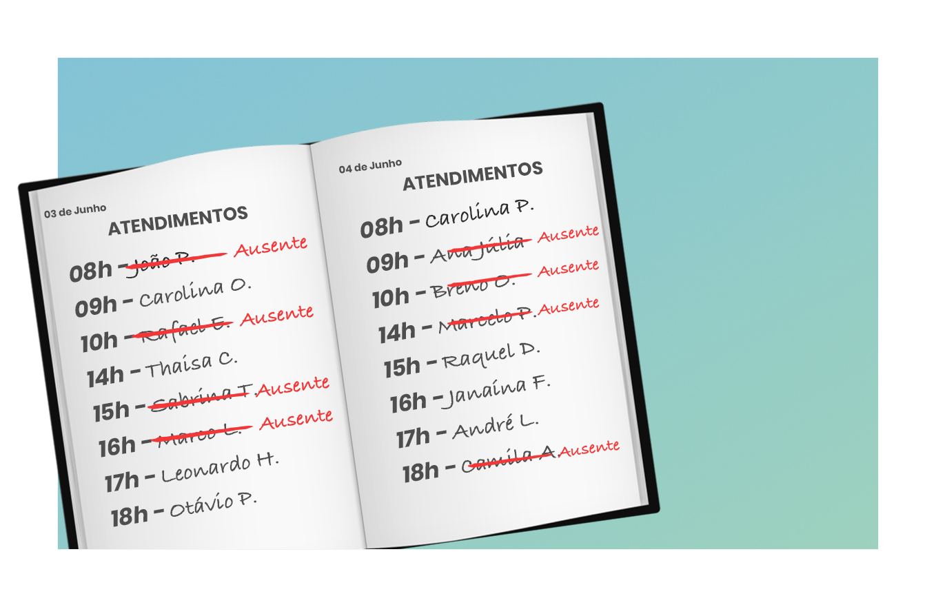 a imagem mostra uma agenda com nomes riscados mostrando o não comparecimento do cliente naquele horário.